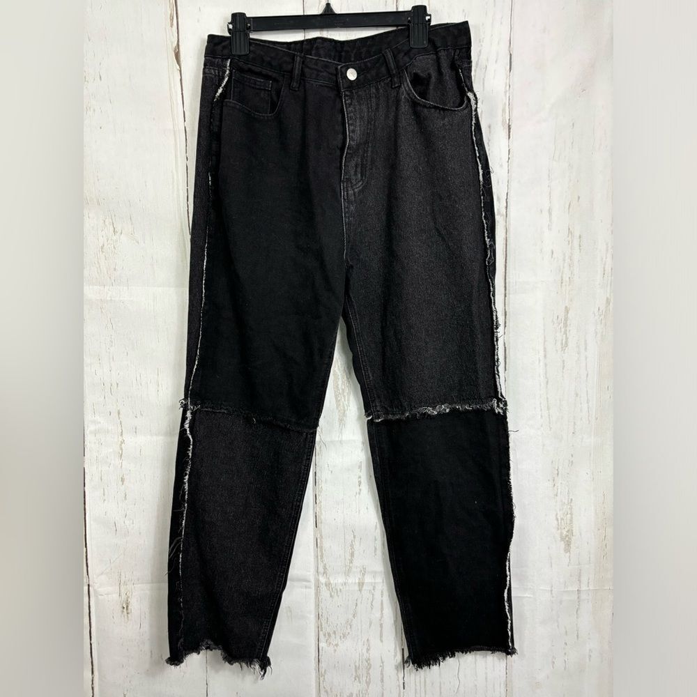 Black Denim Jeans Fringe Patched High Waist Adult